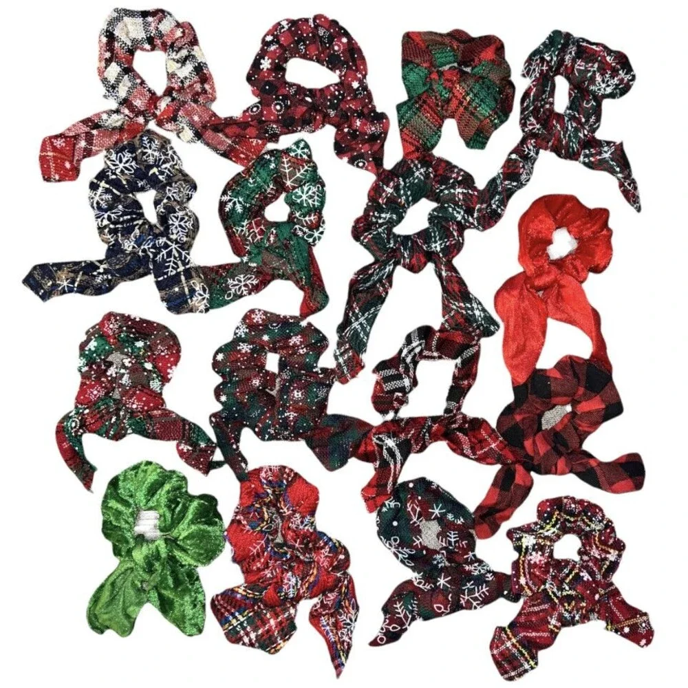 Set of 16 Holiday Hair Scrunchies Plaid Rabbit Ears Knotted Christmas Hair Ties